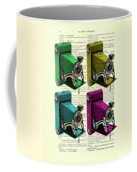 Kodak Coffee Mug featuring the mixed media Antique Kodak folding cameras in bright colors by Madame Memento