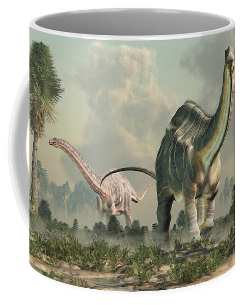 Apatosaurus Coffee Mug featuring the digital art Apatosauruses in a Wetland by Daniel Eskridge