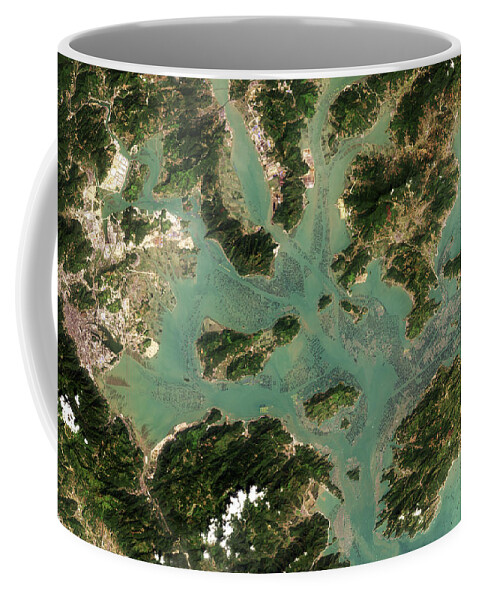 Satellite Image Coffee Mug featuring the digital art Aquaculture in Sansha Bay, China by Christian Pauschert