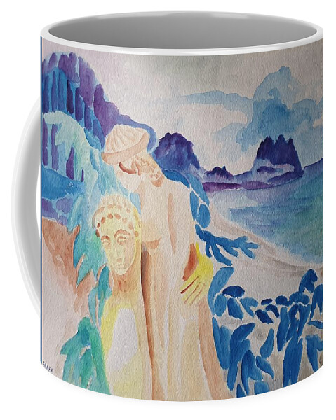 Classical Greek Sculpture Coffee Mug featuring the painting Archaic Couple and the Sea by Enrico Garff