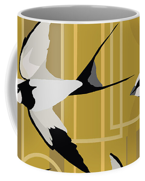 Seamless Repeat Coffee Mug featuring the digital art Art Deco Swallows on Gold by Sand And Chi