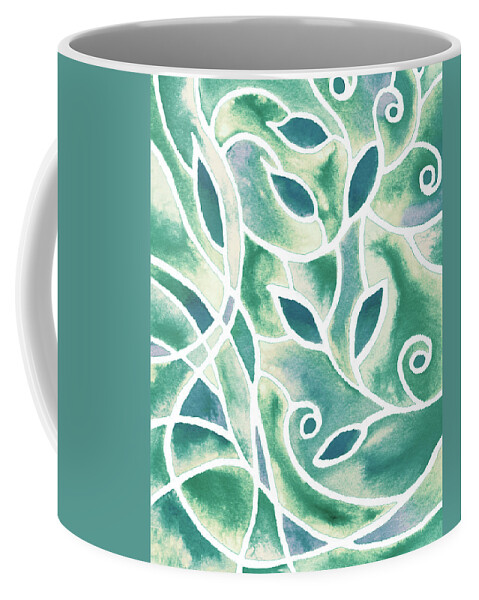 Teal Leaves Coffee Mug featuring the painting Art Nouveau Batik Style Leaves And Lines Teal Pattern Watercolor by Irina Sztukowski