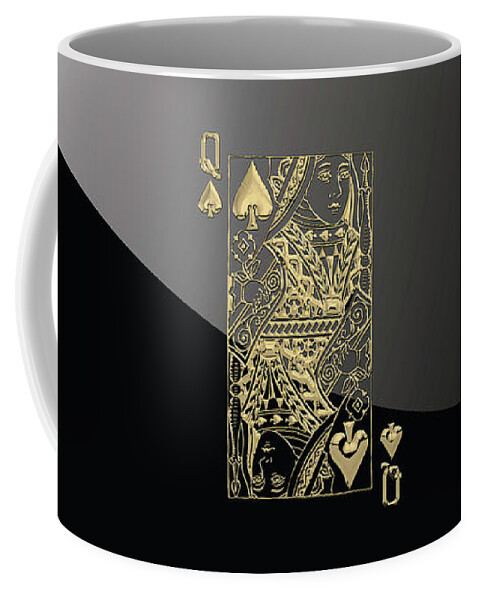 'gamble' Collection By Serge Averbukh Coffee Mug featuring the digital art Queen of Spades in Gold on Black  by Serge Averbukh