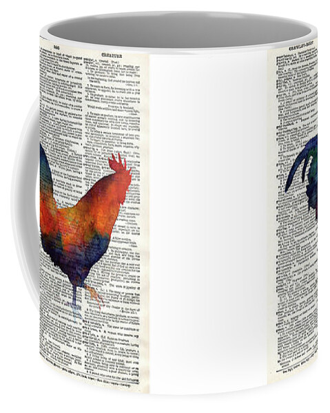 Rooster Coffee Mug featuring the painting Colorful Rooster on Vintage Dictionary by Hailey E Herrera