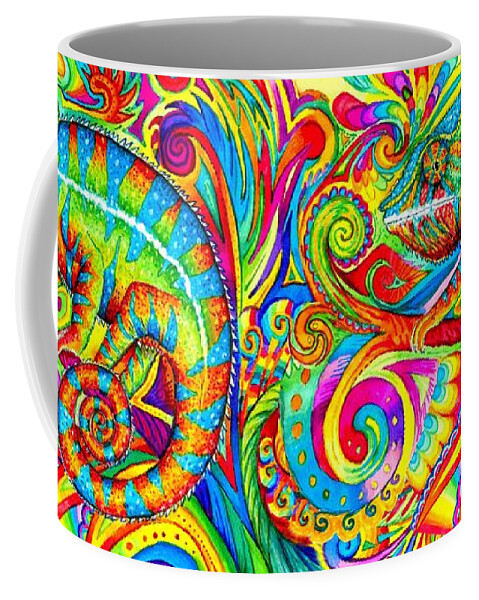 Chameleon Coffee Mug featuring the drawing Psychedelizard - Psychedelic Rainbow Chameleon by Rebecca Wang