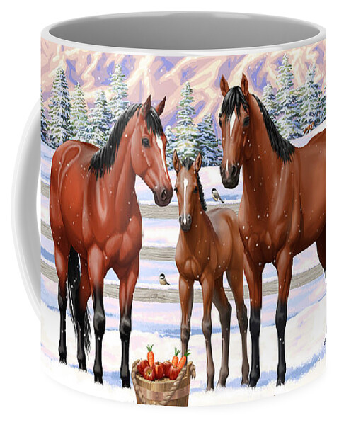 Horses Coffee Mug featuring the painting Bay Quarter Horses In Snow by Crista Forest