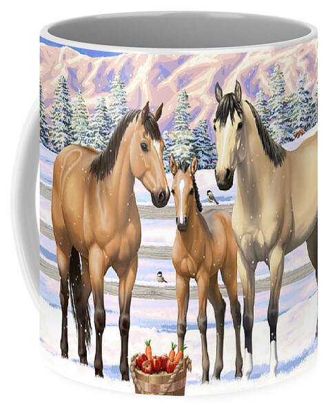 Horses Coffee Mug featuring the painting Buckskin Quarter Horses In Snow by Crista Forest