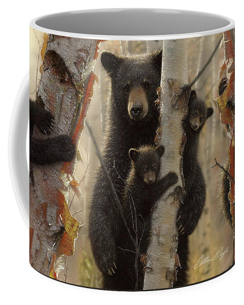 Black Bear Cubs Coffee Mug featuring the mixed media Black Bear Mother and Cubs - Mama Bear by Collin Bogle