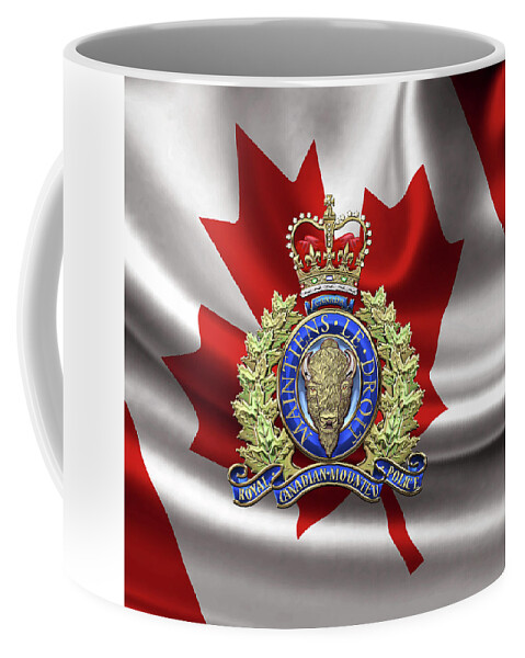 'insignia & Heraldry' Collection By Serge Averbukh Coffee Mug featuring the digital art Royal Canadian Mounted Police - R C M P Badge over Canadian Flag by Serge Averbukh