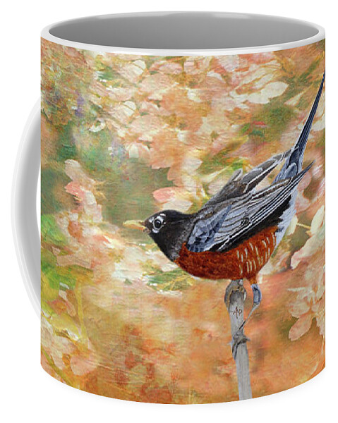 American Robin Coffee Mug featuring the painting Surrounded In Bloom by Angeles M Pomata
