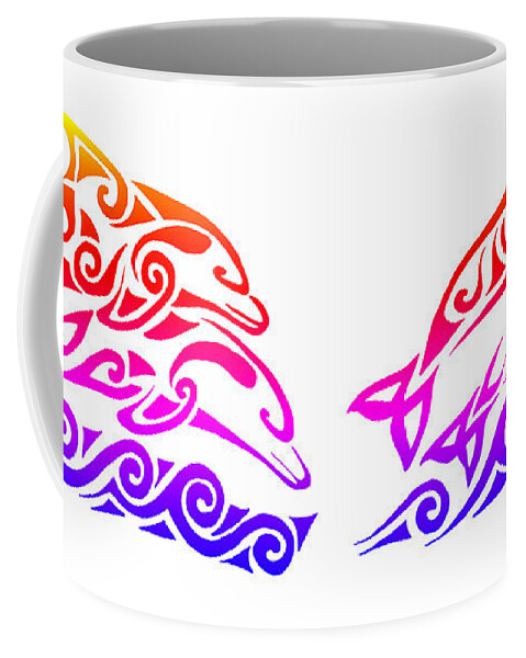 Dolphin Coffee Mug featuring the mixed media Rainbow Tribal Dolphins by Rebecca Wang