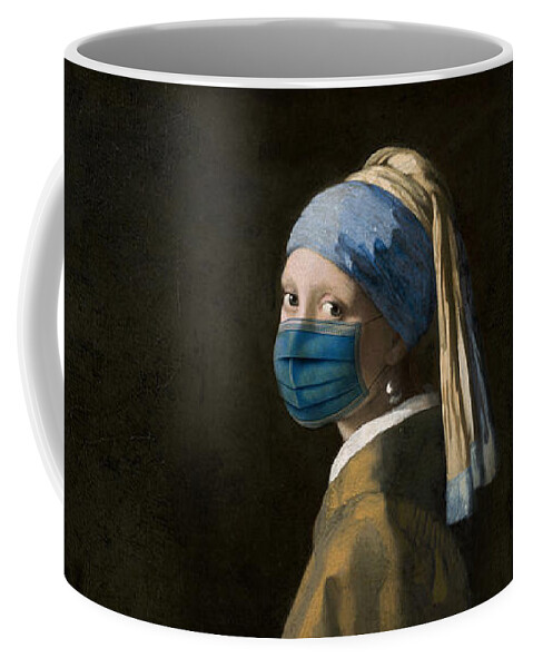Coronavirus Coffee Mug featuring the digital art Masked Girl with a Pearl Earring by Nikki Marie Smith