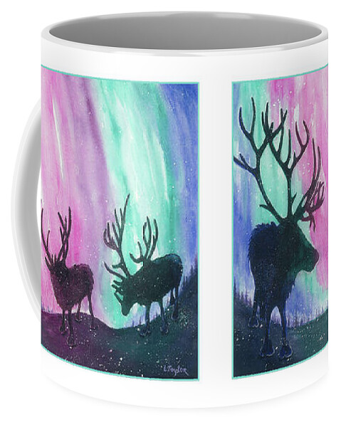 Reindeer Coffee Mug featuring the painting North Pole Nightlife by Lori Taylor