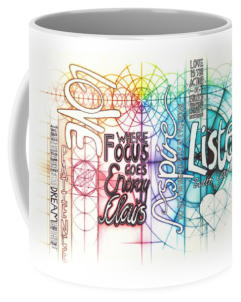 Inspiration Coffee Mug featuring the drawing Intuitive Geometry Inspirational - Listen Love Focus Aspire by Nathalie Strassburg