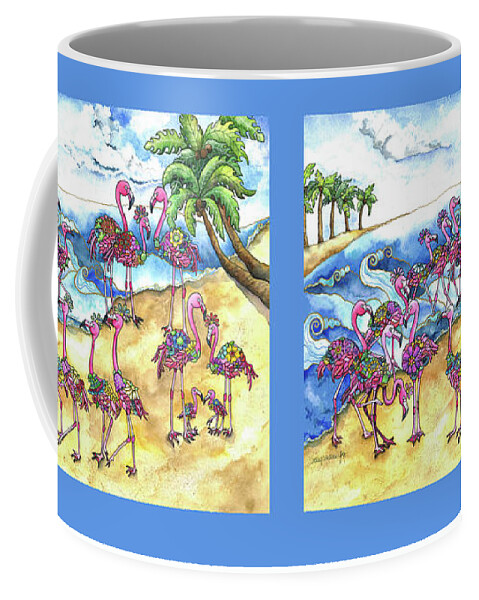 Watercolor Coffee Mug featuring the painting Beach Day for a Flamboyance of Flamingos by Shelley Wallace Ylst
