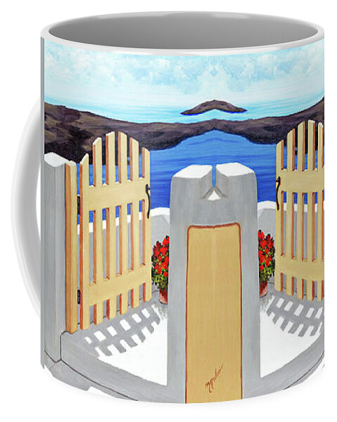 High Contrast Coffee Mug featuring the painting GATEWAY TO SANTORINI- print of oil painting by Mary Grden