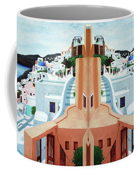 Santorini Coffee Mug featuring the painting Five Crosses On Santorini by Mary Grden