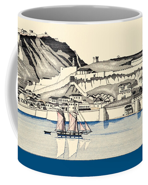 Vintage Coffee Mug featuring the drawing The seaport town of Nafplio in 1834 by Panagiotis Mastrantonis