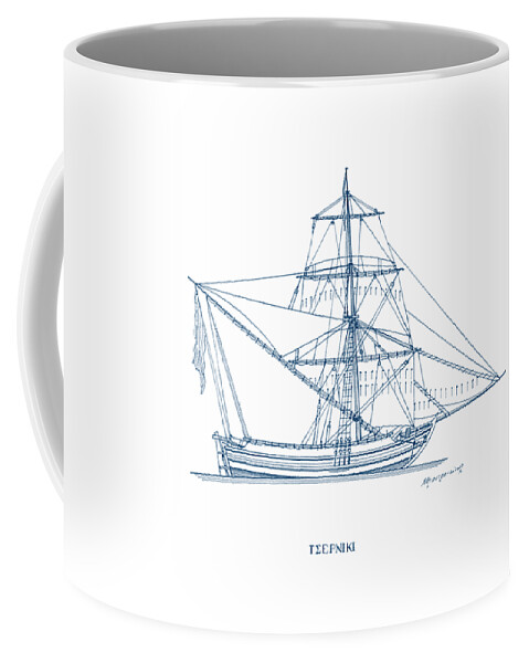 Historic Vessels Coffee Mug featuring the drawing Tserniki - traditional Greek sailing ship by Panagiotis Mastrantonis
