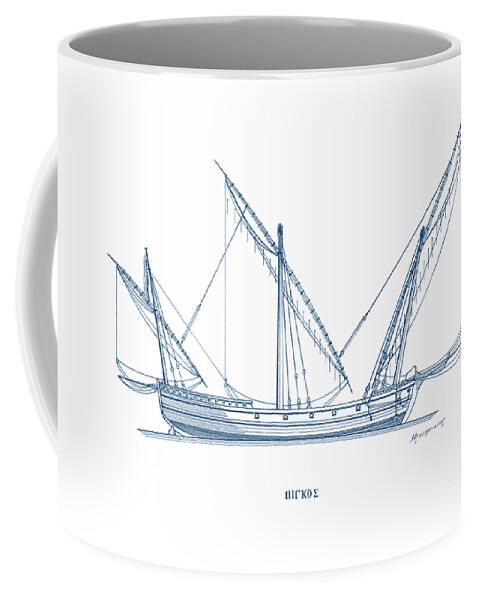 Historic Vessels Coffee Mug featuring the drawing Pigos - traditional Greek sailing ship by Panagiotis Mastrantonis