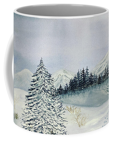 Winter Coffee Mug featuring the painting Winter Tree and Mountains by Lisa Neuman
