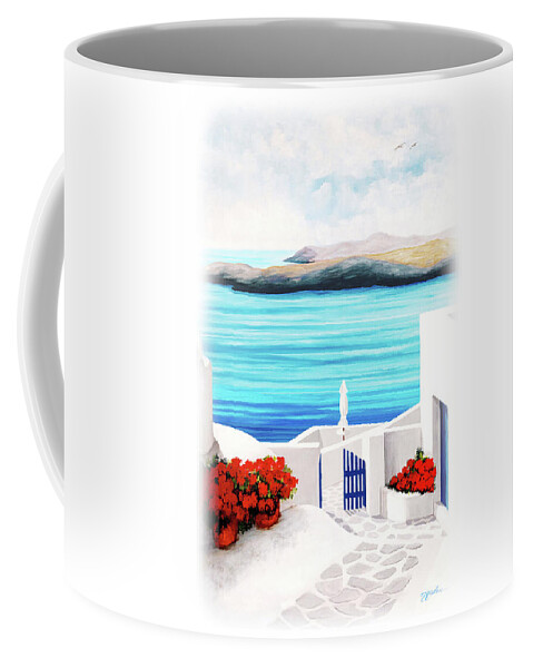 Santorini Coffee Mug featuring the painting ON THE WAY-Oil Painting of Santorini by Mary Grden