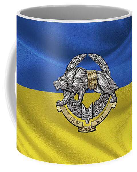 'military Insignia & Heraldry’ Collection By Serge Averbukh Coffee Mug featuring the digital art Ukrainian Special Operations Forces - SSO Emblem over Ukrainian Colors by Serge Averbukh
