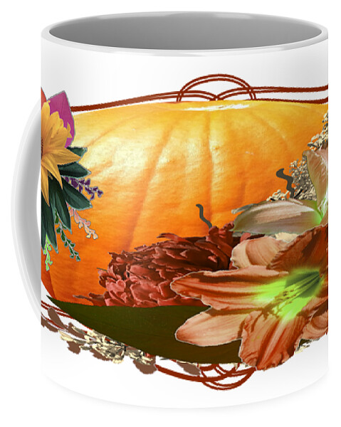 Seasonal Coffee Mug featuring the digital art Seasonal Greetings Autumn Floral Pumpkin by Delynn Addams