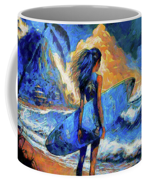 Girl With Surfboard Checking Swell Coffee Mug featuring the digital art Girl with Surfoard Checking Swell by Caito Junqueira
