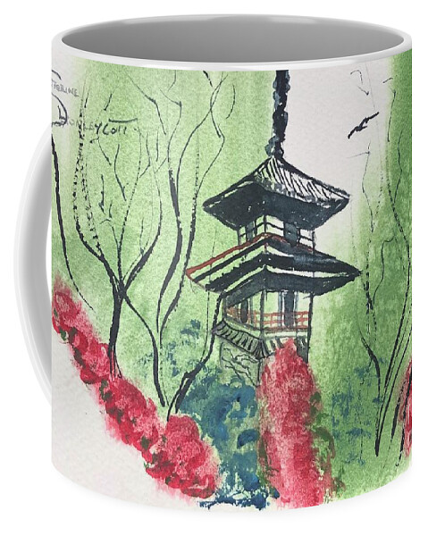 Asian Pagoda Coffee Mug featuring the tapestry - textile Asian Pagoda by Catherine Ludwig Donleycott