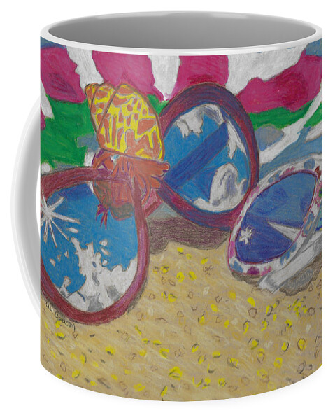 Beach Coffee Mug featuring the drawing At the Beach Sunglasses Lying on the Sand with a Hermit Crab and Beach Towel by Ali Baucom