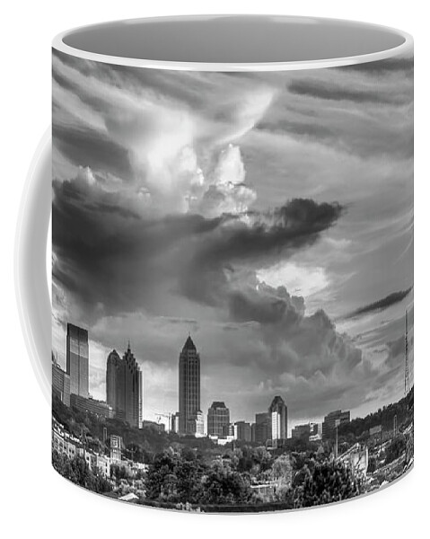 Reid Callaway Atlanta Skyline Images Coffee Mug featuring the photograph Atlanta GA Skyline Clouds B W Panorama Architectural Cityscape Art by Reid Callaway