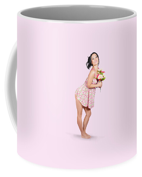 Girl Coffee Mug featuring the photograph Attractive asian woman holding a flower bunch by Jorgo Photography