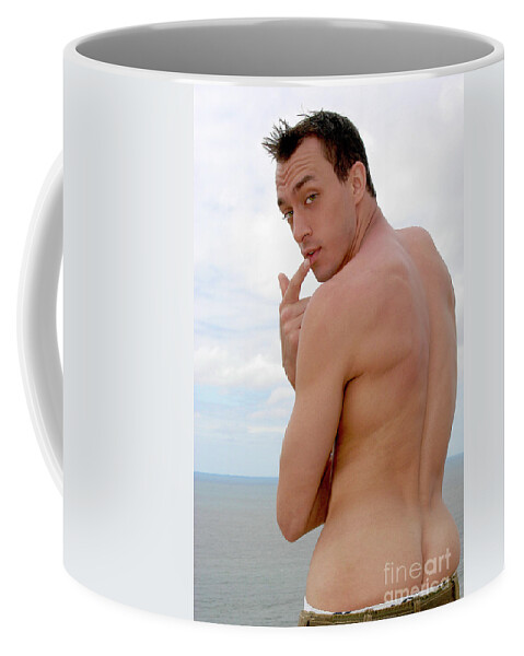 Beach Coffee Mug featuring the photograph Attractive, muscular, and silly male model pulls down his pants... by Gunther Allen