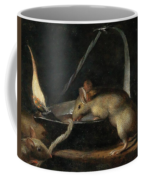Mouse Coffee Mug featuring the painting Attributed to Trophime Bigot Arles 1579 1650 Avignon Two mice nibbling on a candlewick, oil on copp by Artistic Rifki