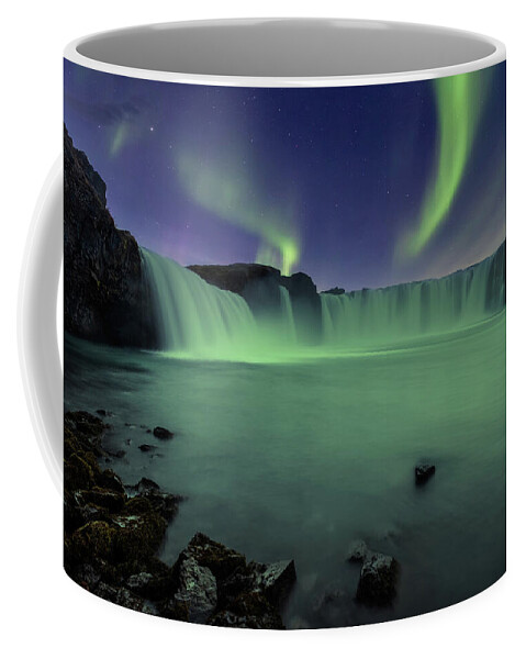 Godafoss Coffee Mug featuring the photograph Aurora Borealis over Godafoss by Alexios Ntounas