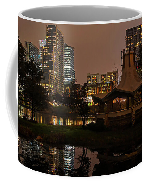Austin Coffee Mug featuring the photograph Austin Skyline Reflection Colorado River Austin TX Texas Pagoda by Toby McGuire