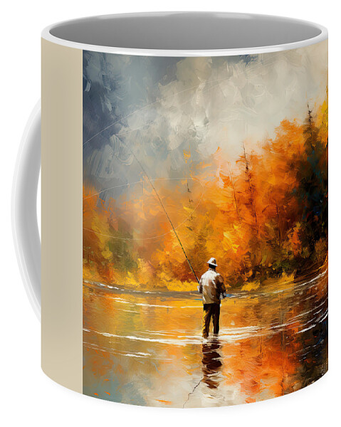 Fly Fishing Coffee Mug featuring the digital art Autumn Angler - A Vibrant Impressionist Painting of a Man Fly Fishing on a Lake by Lourry Legarde
