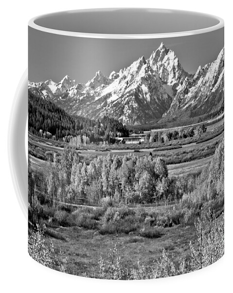 Teton Coffee Mug featuring the photograph Autumn Clusters Under The Tetons Black And White by Adam Jewell