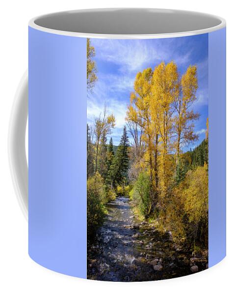 Scenic Coffee Mug featuring the photograph Autumn Day in New Mexico Blue Skies Golden Trees by Mary Lee Dereske
