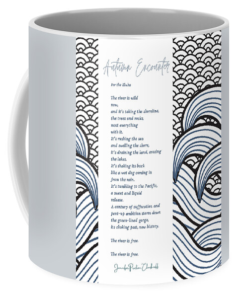 Japanese Woodblock Print Modern Sea Waves Graphic Bold Design Poem Print Original By Jennifer Preston Chushcoff Coffee Mug featuring the digital art Autumn Encounter by Jennifer Preston