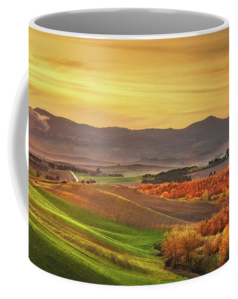 Autumn Coffee Mug featuring the photograph Autumn in Tuscany, rolling hills and woods. Santa Luce by Stefano Orazzini