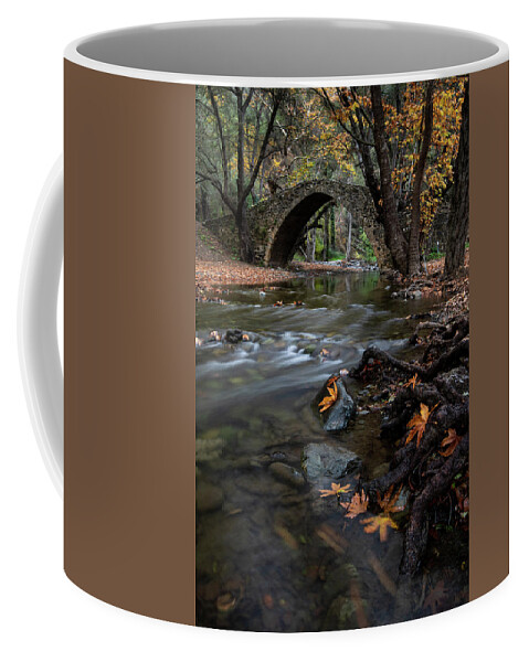 Autumn Coffee Mug featuring the photograph Autumn landscape with river flowing under a stoned bridge by Michalakis Ppalis