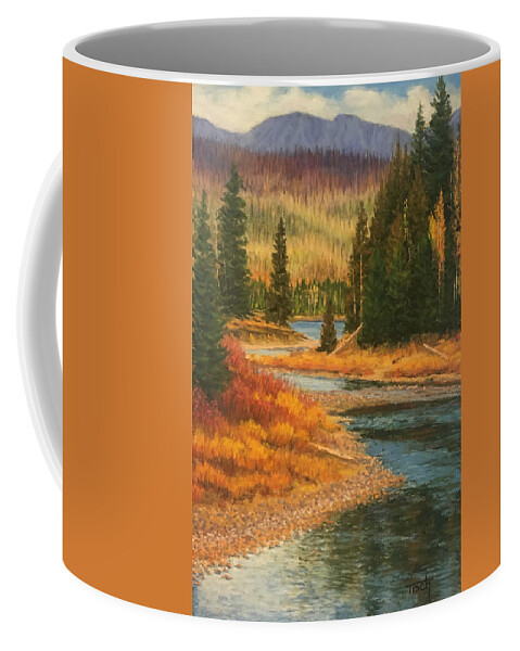 Landscape Coffee Mug featuring the pastel Autumn, McDonald Creek by Lee Tisch Bialczak