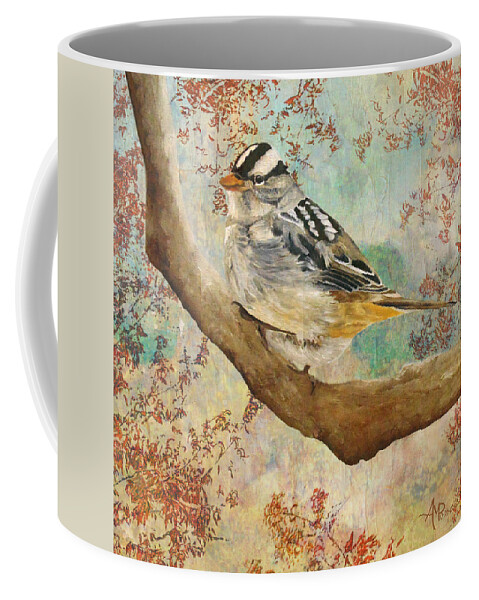 White-crowned Sparrow Coffee Mug featuring the painting Autumn Sparkles by Angeles M Pomata