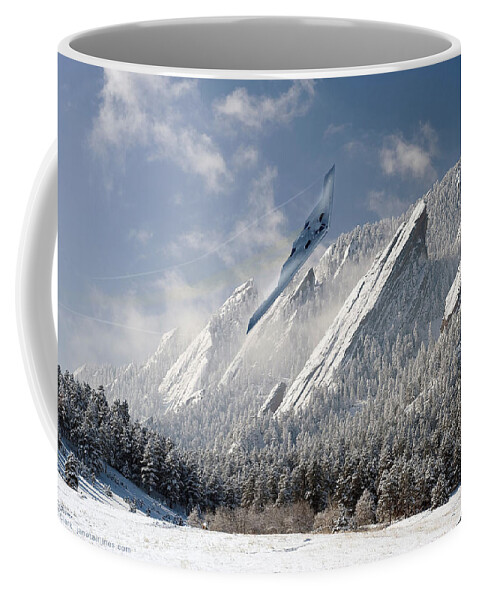 Northrop Coffee Mug featuring the digital art B-2 Spirit Slicing Through the Mountains by Custom Aviation Art