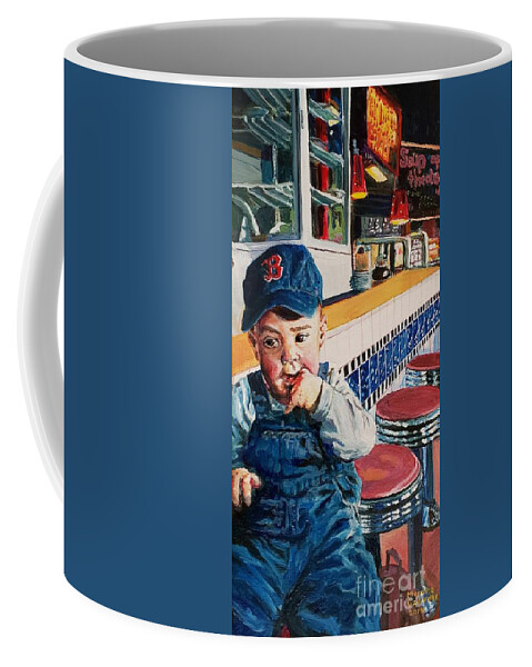 Boston Coffee Mug featuring the painting Baby Boston Baseball Booster by Merana Cadorette
