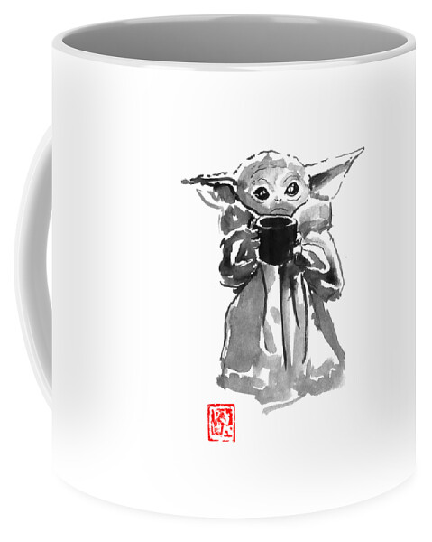 Baby Yoda Coffee Mug featuring the drawing Baby Yoda Face by Pechane Sumie