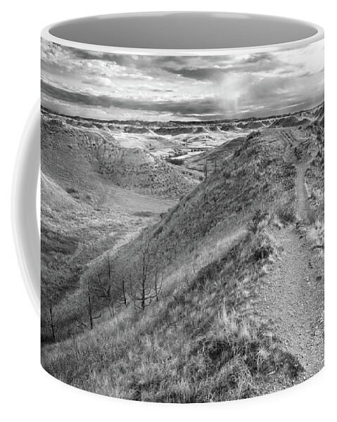 Badlands Hiking Trail Coffee Mug featuring the photograph Badlands Hiking Trail Black And White by Dan Sproul