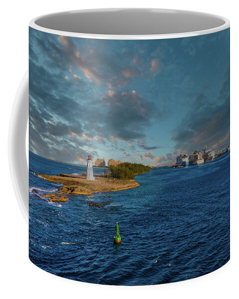 Commercial Building Coffee Mug featuring the photograph Bahamas Lighthouse and Cruise Ships at Dusk by Darryl Brooks